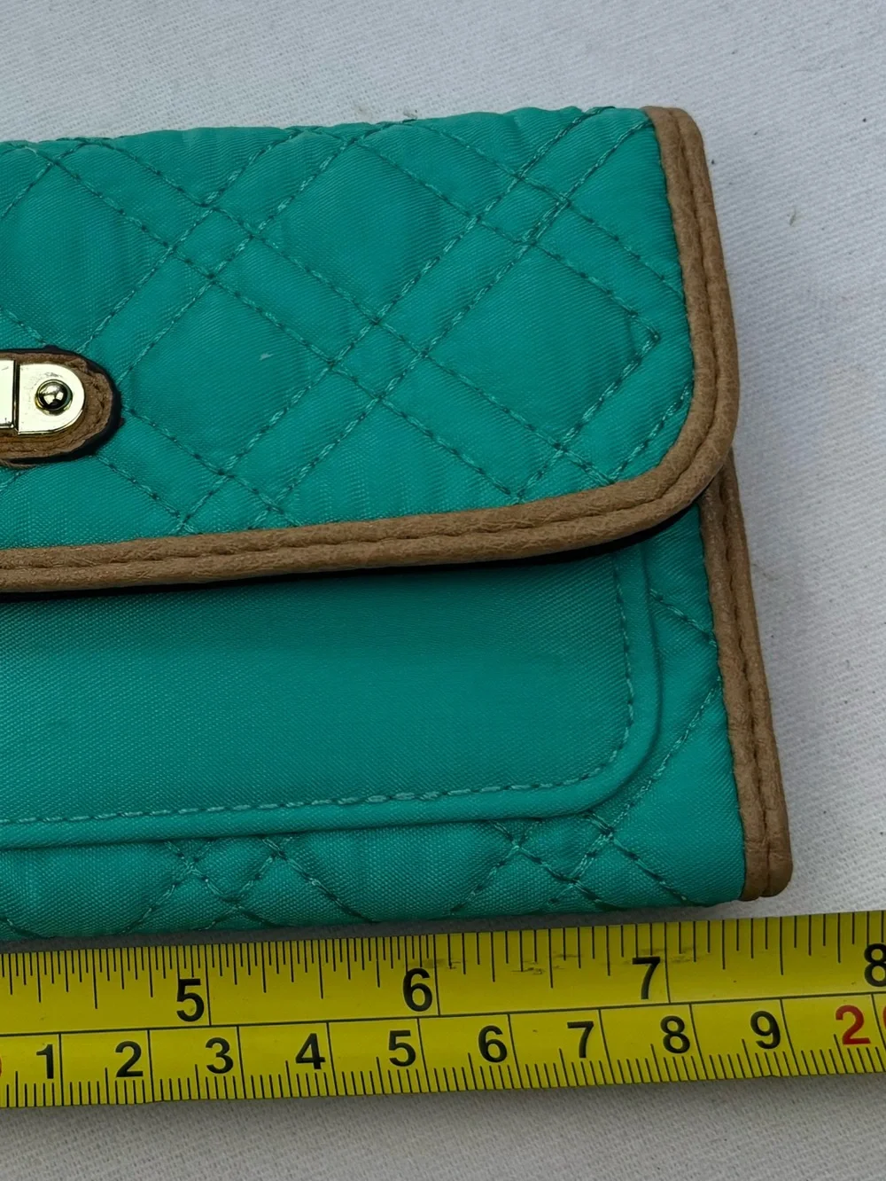 Nicole Miller Teal Quilted Wallet Tri Fold Fabric Wallet with Gold Plate